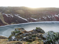 Frozen lake-filled caldera